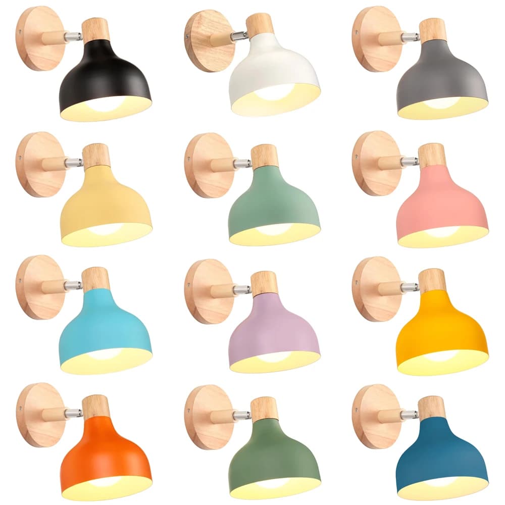 Nordic Macaron Lampade da parete Lampada da comodino per camera da letto in legno Lampada da parete moderna Paralume Testa dello sterzo E27 Apparecchio di illuminazione domestica E27