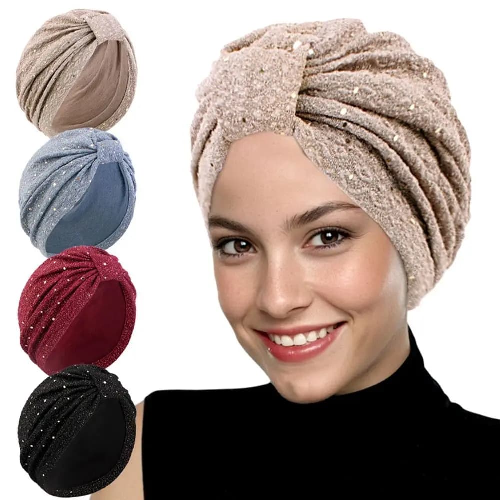 Fashion Turbans with Paillettes, Indian Cappello Annodato, Hijab Muslim Lucido, Women's cap, Hats and Copricapi