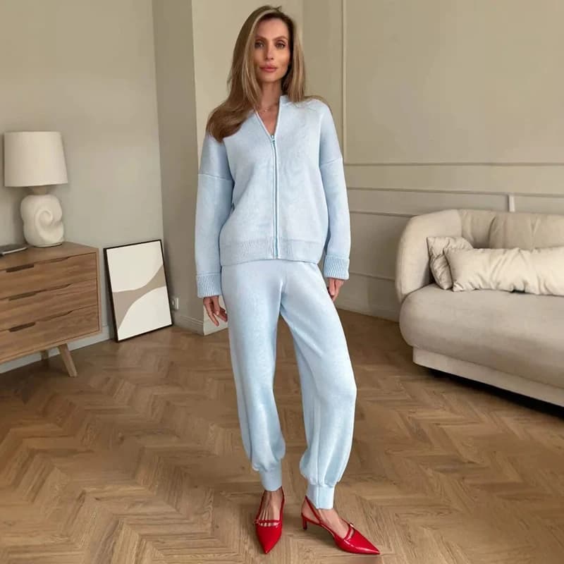 Typhaland Fashion Women's Sweater Suit Knitted Zipper Cardigan Loose Casual Lantern Pants Rib Knit 2 Pieces Set 2026 Autumn New