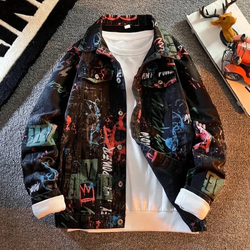 Autumn and Spring New Fashion Trend Print Retro Sports Workwear Denim Jacket Men's Casual Loose Comfortable Plus Size Coat M-3XL