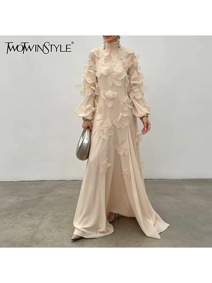 TWOTWINSTYLE Solid Loose Spliced 3D Floral Elegant Midi Dress for Women Round Neck Long Sleeve Patchwork Mesh Dresses Female New