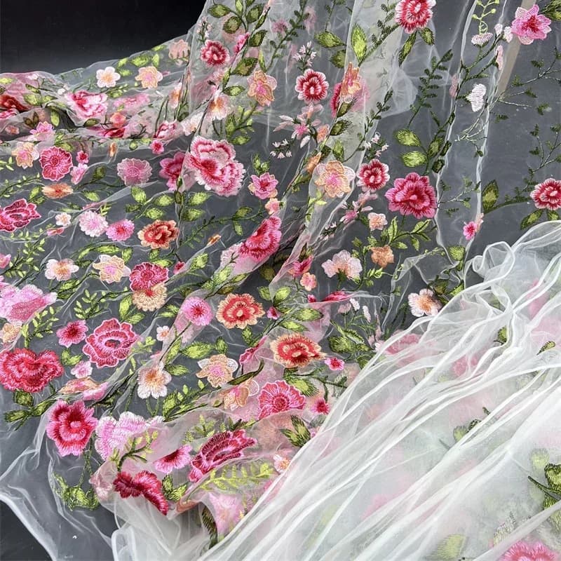 1 metro di tessuto ricamato a rete rosa pianta autunnale abito da sera tessuto abbigliamento fai da te abito da sposa tenda patchwork materiale