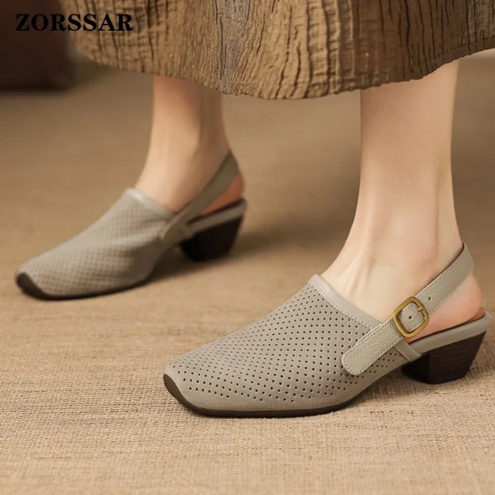 Women's Genuine Leather Slingback Mules, Hollow Out Breathable Closed Toe Block Heel Sandals,Comfortable Adjustable Buckle Clogs