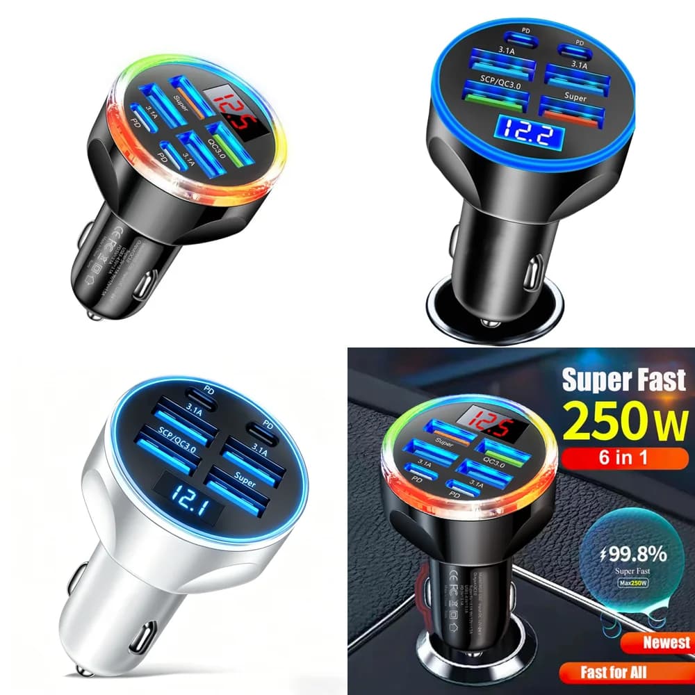 Caricabatterie da Auto USB C 6 in 1 con Voltmetro, Adattatore Multi-Porta a Ricarica Super Veloce con Display di Tensione per Samsung iPhone Nuovo 2026