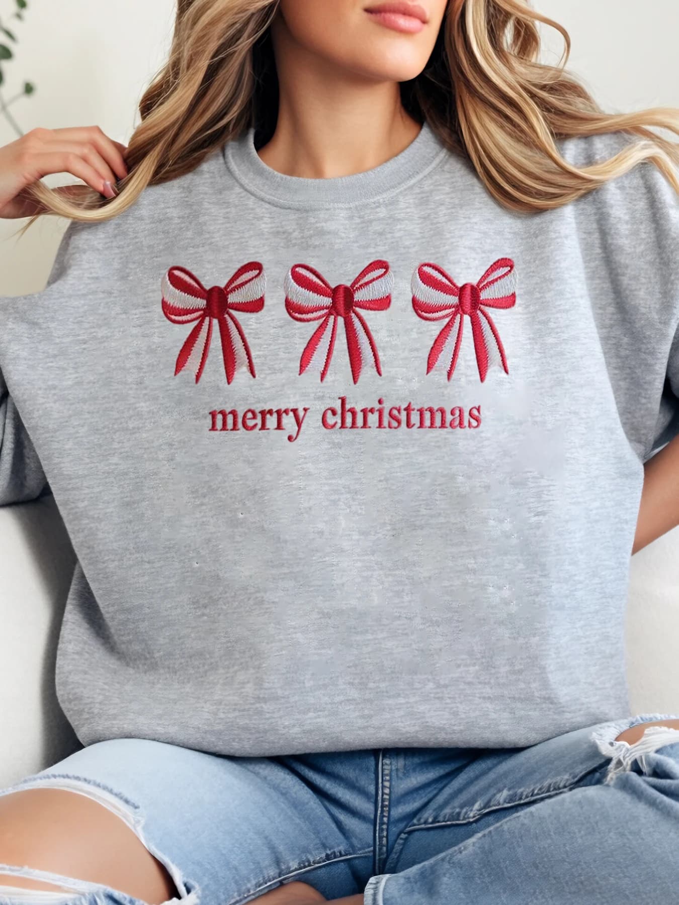 Felpa con stampa di buon Natale con fiocco rosso, abbigliamento casual da donna per le vacanze, grigio taglie forti