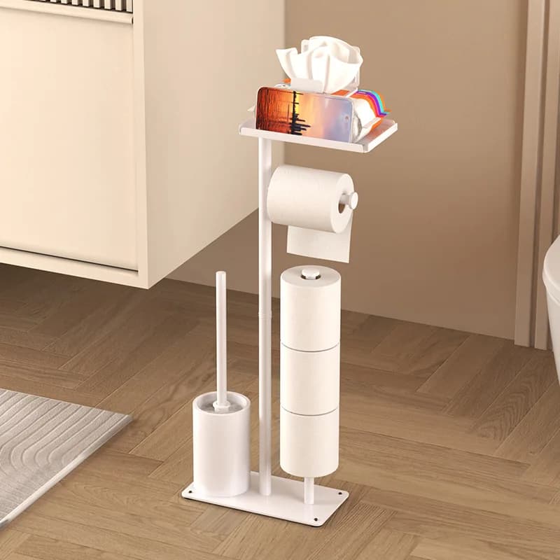 Floor-standing Tissue Holder Vertical Movable Toilet Paper Storage Rack Nail-Free Toilet Brush Holder Roll Paper Holder Bathroom