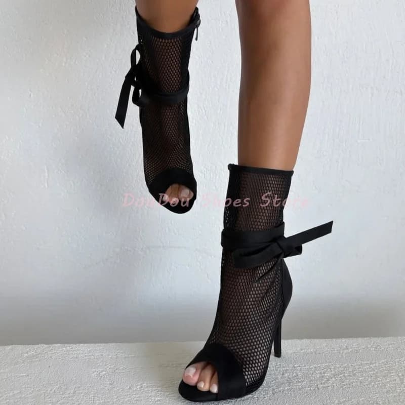 Black Mesh Cross Strap Open Toe Stiletto Sandals Women Solid Cover Heel Ankle Boots Street Style Nightclub Sexy Shoe New Arrival