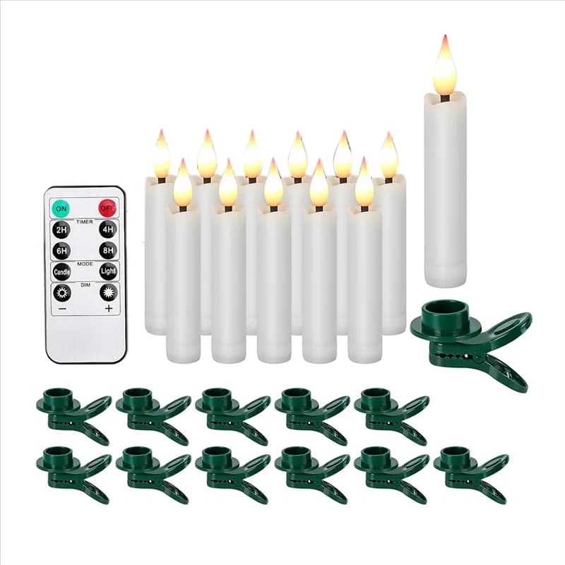 Set of ABGR-LED conical candles 12 pieces Candles with 3D stopper without flame with christmas tree design clip warm white light