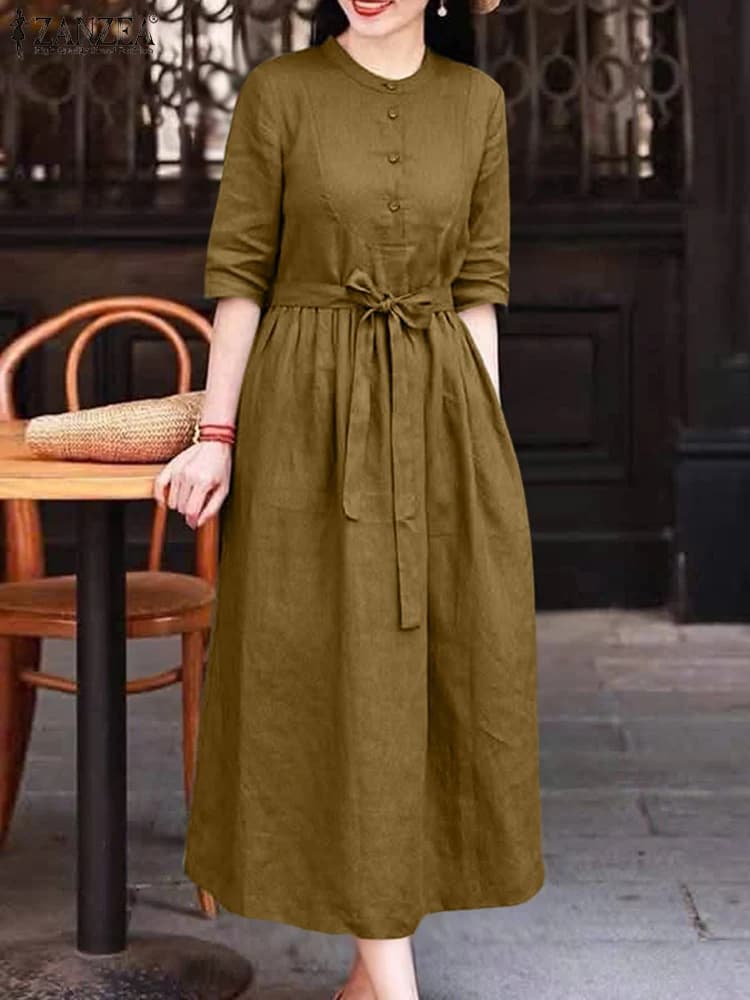 ZANZEA Abiti lunghi da donna casual Autunno Girocollo Mezza manica A-Line Robe Femme Moda vintage Tutti i giorni Abbigliamento in tinta unita