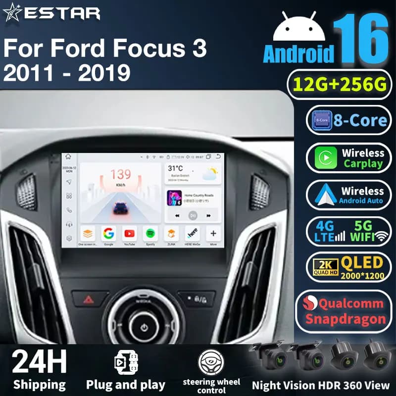Autoradio Android 16 per Ford Focus 3 Mk 3 2011-2019 - Lettore Multimediale Video, Navigatore GPS Stereo (No 2DIN)