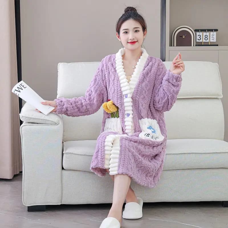 Princess Coral Velvet Night Bathrobe for Girls, Pijamas with Lace Edge with Kawaii bow, Leisure Clothing, Bedroom, Autumn Winter, Family Clothes