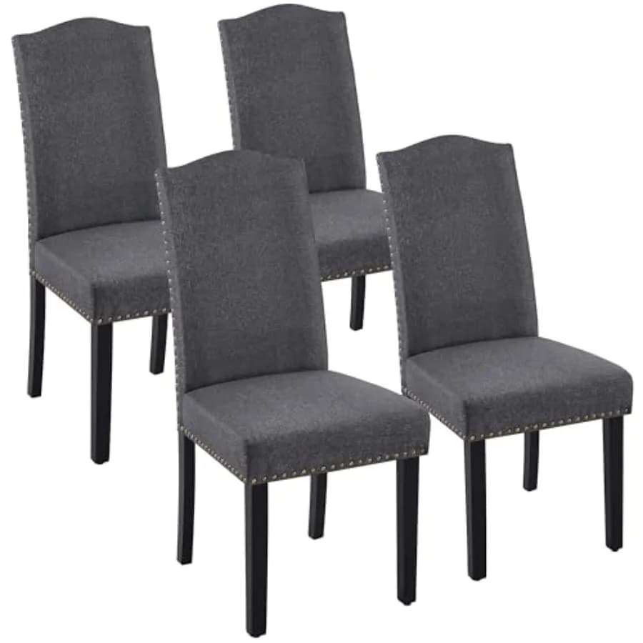 Set di 4 Sedie Imbottite per Sala da Pranzo, Soggiorno, Ristorante: Tessuto Grigio Scuro, Gambe in Legno Massello, Finitura con Borchie, Braccioli
