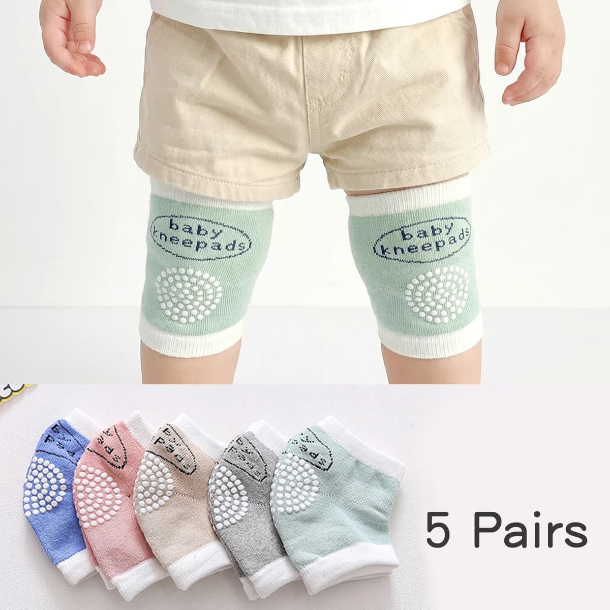 5 paia di semplici ginocchiere per bambini, antiscivolo, traspiranti, ideali per la protezione durante il gattonamento. Comodo per l'uso estivo, unisex.