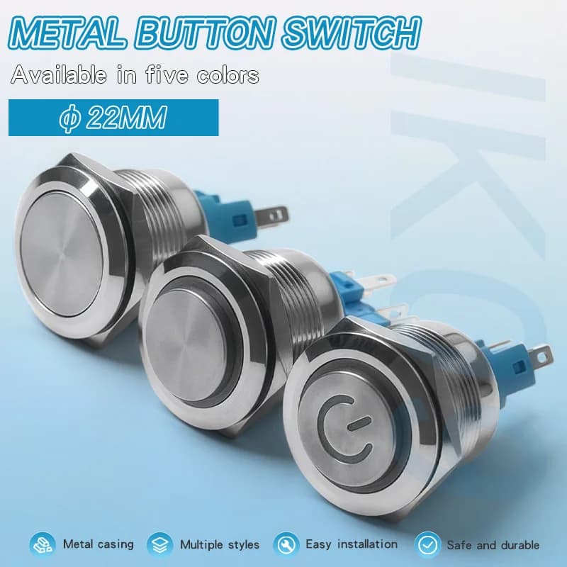 Interruttore a pulsante in metallo da 22 mm con interruttore di alimentazione a LED 1NO1NC Interruttore a scatto momentaneo con luce ad anello a testa piatta a 6 pin