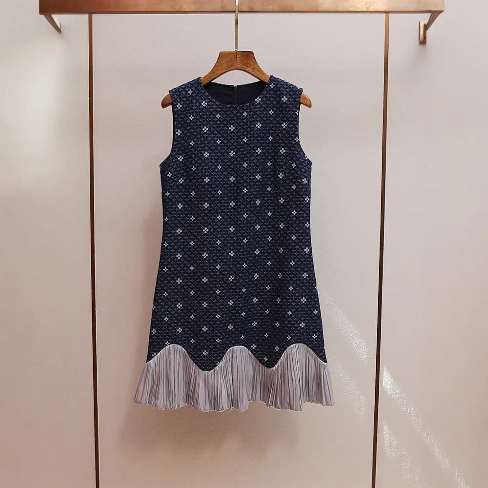 Abito da donna di alta gamma con scollo rotondo e senza maniche, nuovo stile autunnale, in maglia di cotone a vita alta, con inserti in garza, stile casual-elegante, modello A-L...