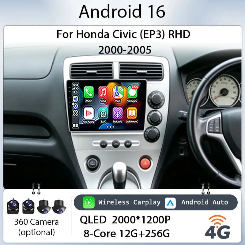 9" Android 16 for Honda Civic (EP3) RHD 2000‑2005 Car Stereo IPS HD Touch Screen Head Wireless CarPlay GPS Navi BT WiFi DSP Kit