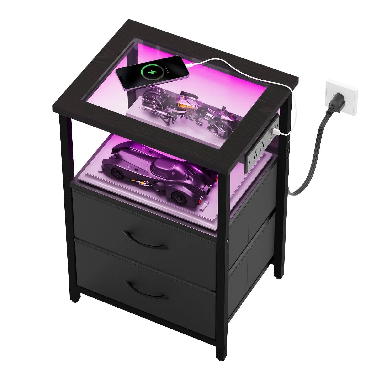 Comodino con Piano in Vetro, Espositore con Due Cassetti, Comodino LED con Stazione di Ricarica per T