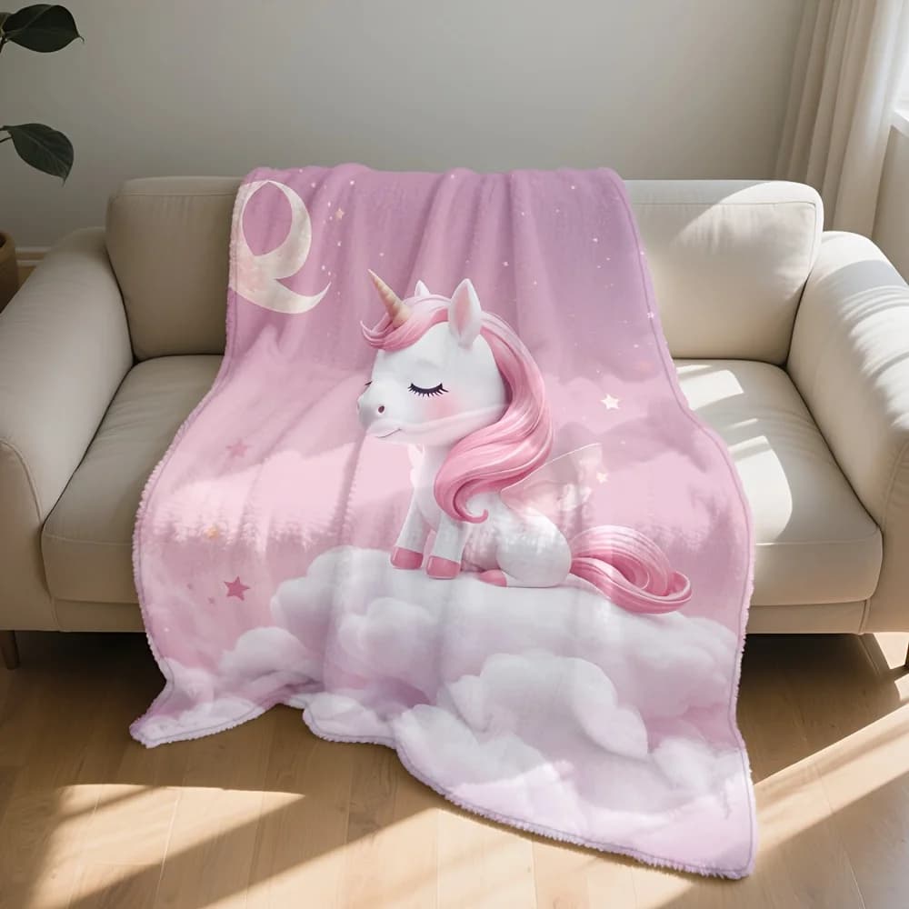 One-piece, super soft flannel blanket featuring cartoon unicorn, pink macaron moon print. Easy-to-wear flannel blanket in thickened style. Multi-functional single-person nap, air-conditioned office bed sheet.