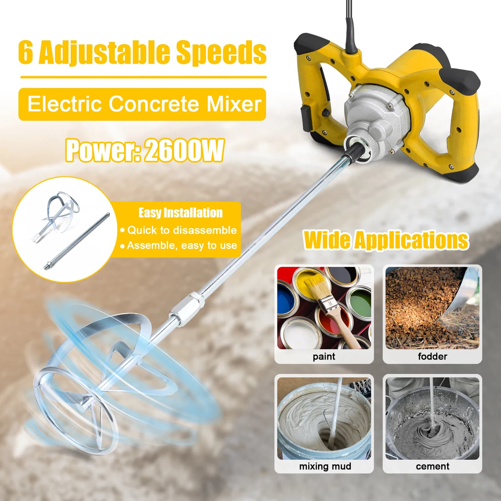 2600 W Electric Concrete Mixer Portable Concrete Mixer for Concrete Adjustable 6 Speed Thinset mortar instrument
