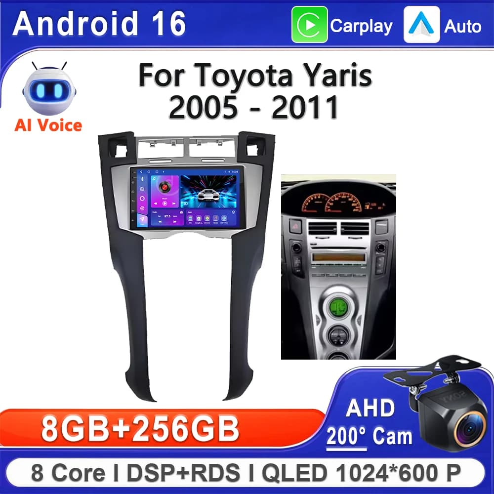 Sistema Multimediale Android 16 per Toyota Yaris 2005-2011, Navigazione GPS Plug and Play, CPU ad Alte Prestazioni, Schermo Touch, Dash Cam