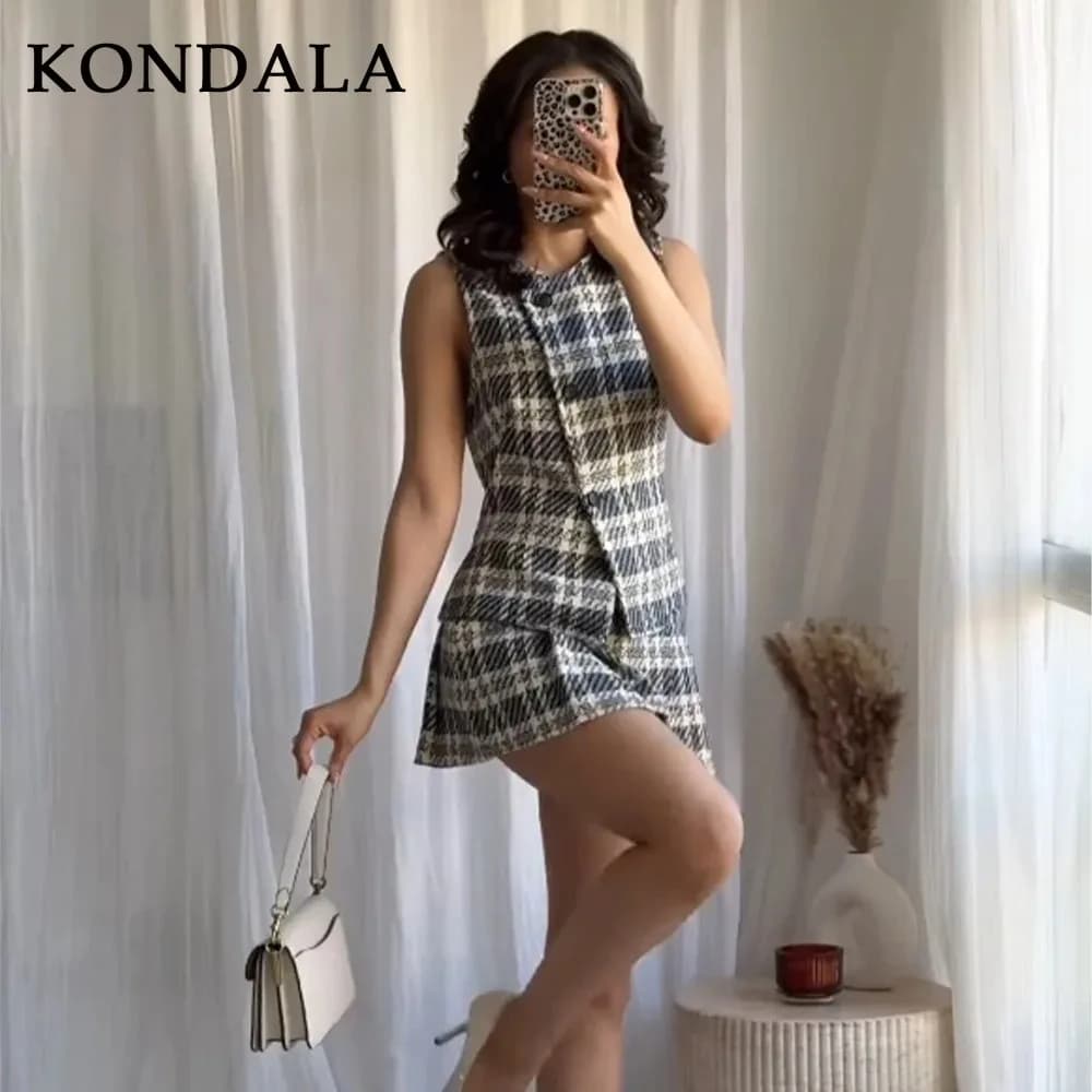 KONDALA 2026 Primavera Estate Completi Casual da Donna a Quadri Moda Streetwear Gilet Monopetto con Scollo a O Chic Pantaloncini e Gonne con Cerniera