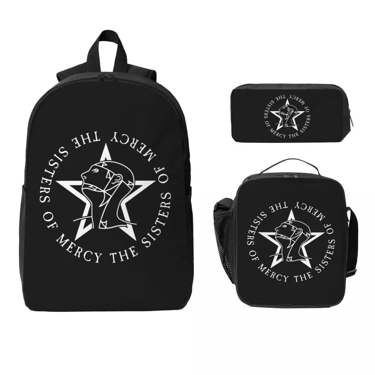 Testo rotondo Logo Goth The Sisters Of Mercy Zaino Studente Ragazzi Ragazze BookBag Borsa da scuola Borsa da pranzo isolata 3ps Astuccio