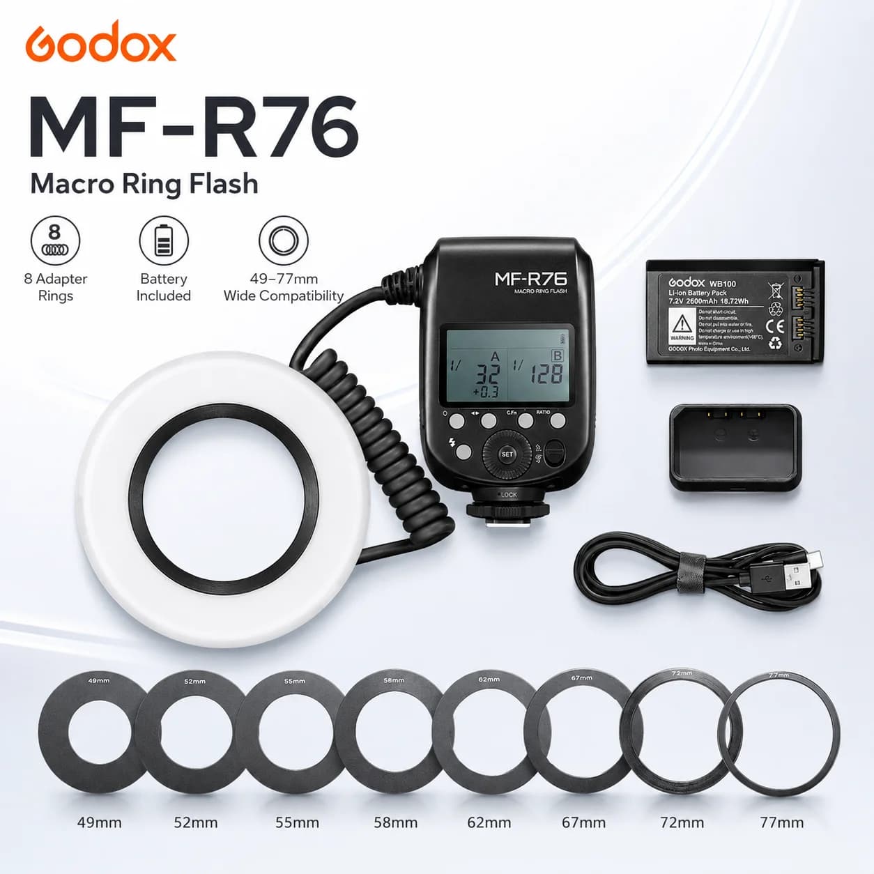 Godox Macro Ring Flash MF-R76 LED Speedlite RING76 for Sony Canon Nikon Camera Flash for Dental Jewelry Close-Up Photography Kit