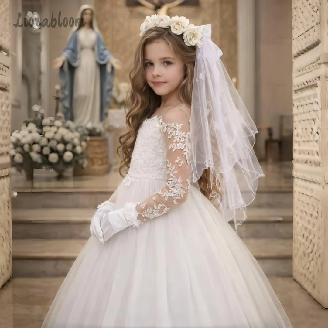 Abito da sposa in pizzo per bambina, su misura, con gonna ampia, abito da damigella d'onore, abito da ballo, abito per feste nuziali