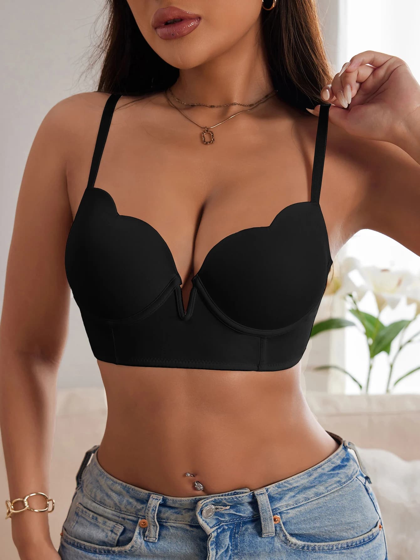 Reggiseno Sexy Estivo da Donna in Tinta Unita, Push-Up Senza Decorazioni con Bordo Smerlato e Scollatura Profonda