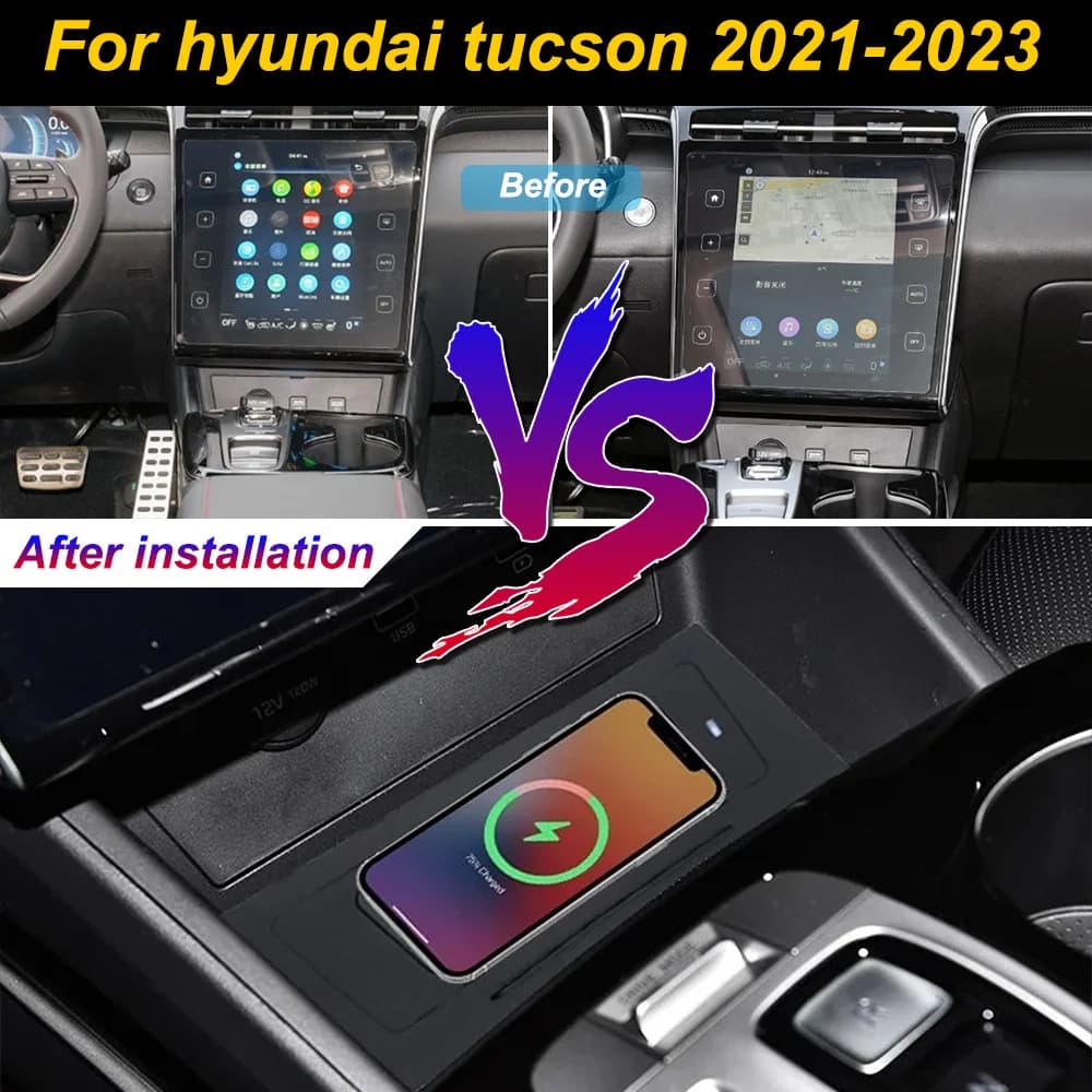Caricatore wireless 2 Din per Hyundai Tucson 2021-2023, supporto per telefono cellulare con ricarica rapida 18W per iPhone, da installare nella console centrale.