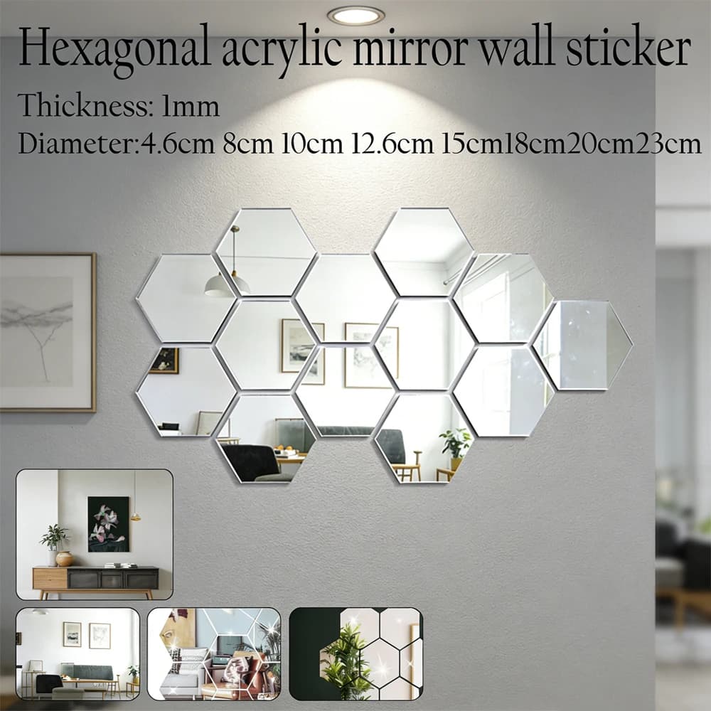 5-20pcs Hexagon Mirror Wall Tiles, Self-Adhesive Peel & Stick Decor for Living Room TV Background, Bedroom, Bathroom
