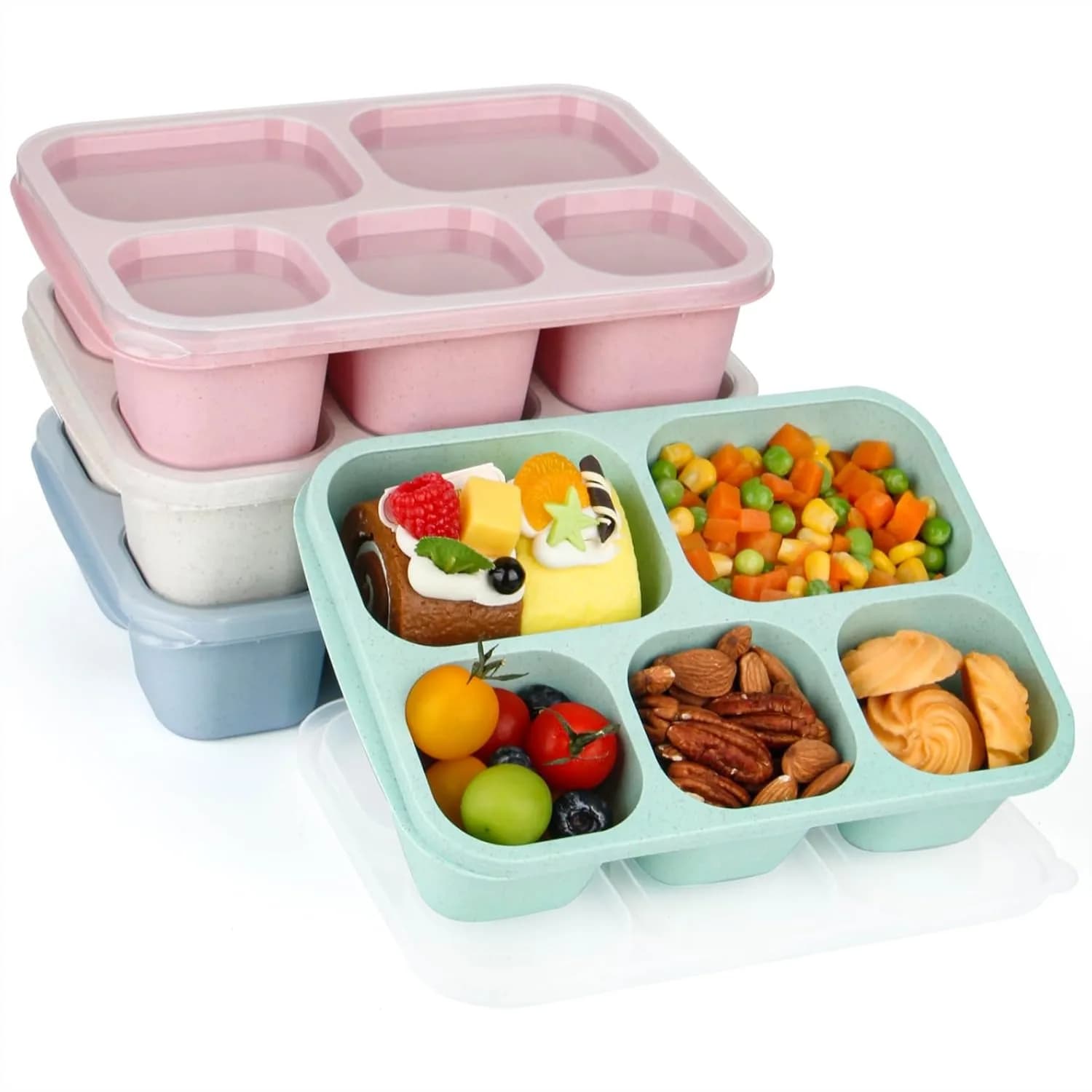 Contenitore per Pranzo Bento a 5 Scomparti per Adulti, Contenitori Riutilizzabili per la Preparazione dei Pasti con Coperchio Ermetico, Scatola per Snack Impilabile per Scuola e Lavoro