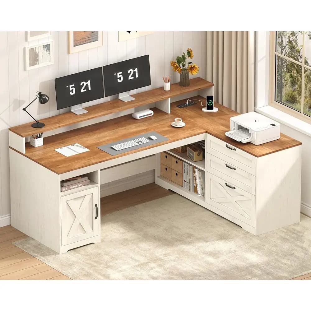 Scrivania a L con contenitore, scrivania per computer da ufficio 61 con armadietto, presa di corrente e supporto per monitor, marrone e bianco