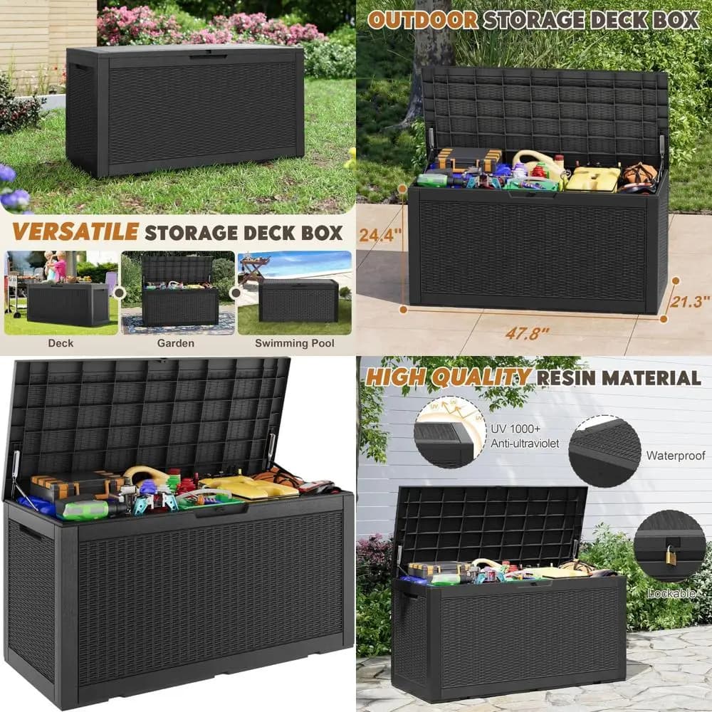 Outdoor container, resin box for interior and exterior, waterproof container with lockable cover (Black, 101 gallons)