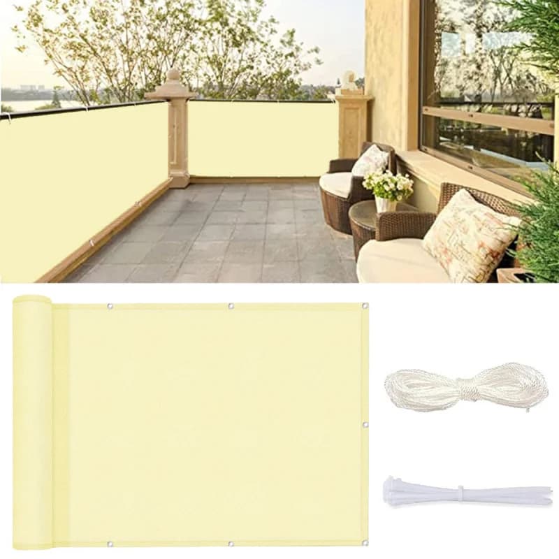 Schermo Privacy per Balcone, Copertura per Recinzione da Giardino, Tenda Parasole da Esterno in Tessuto, con Fascette e Protezione per Ringhiera in Corda - Beige