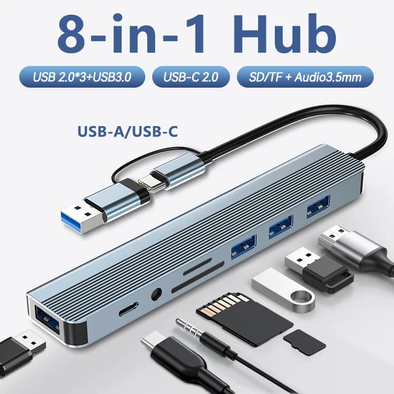 USB Hub C 8 in 1, USB-A/USB-C dual port adapter with USB 3.0/2.0, card reader, 3.5 mm audio, home office laptop and travel use