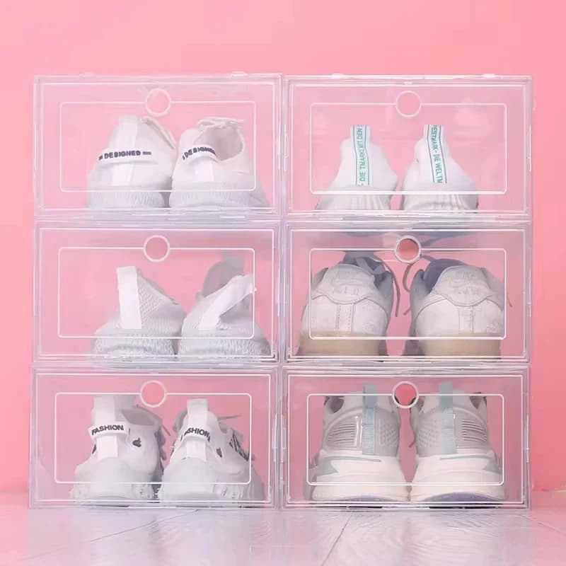 Set of 6 Foldable Plastic Shoes Boxes, Reinforced Transparent Containers, Stackable Boxes to Organize Shoes
