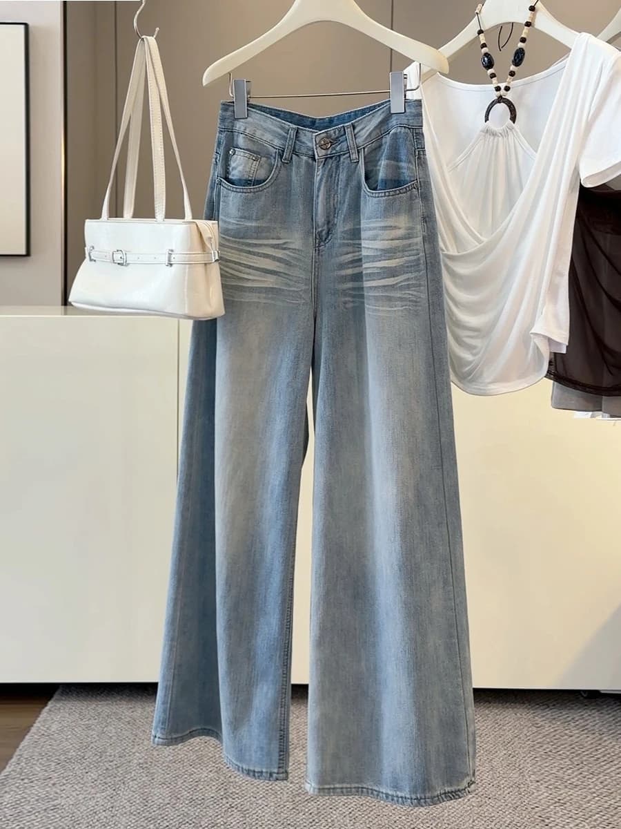 Jeans Foamlina da donna a gamba larga lavati azzurro chiaro, Nuovi chic estivi 2026, Vita alta, Tasche, Pantaloni lunghi in denim sottile, Stile Y2K Streetwear