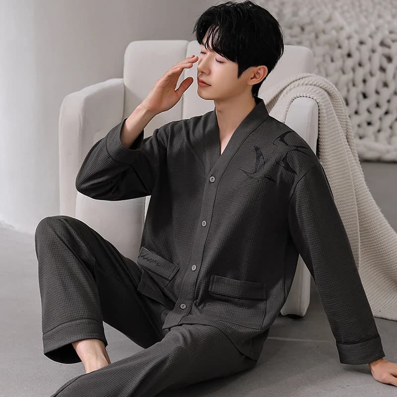 Pigiama in cotone waffle L-5XL di grandi dimensioni per uomo Autunno e primavera Kimono con scollo a V Indumenti da notte Cardigan Abbigliamento per la casa Pigiama Hombre