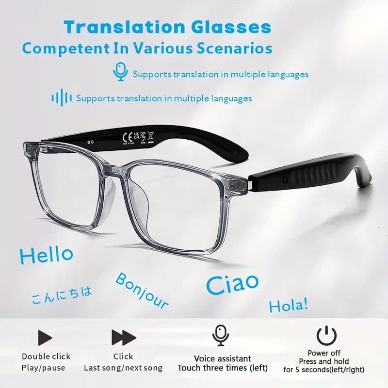 Smart Wireless Glasses with AI Translation, Open-Back, Premium Sensation and Real Time Translation Support