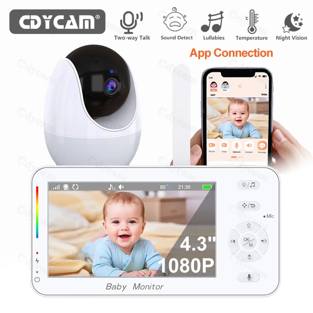Baby Monitor APP Visualizzazione remota Wifi Nanny Display HD da 4,3 pollici Luce notturna VOX Visione notturna Ninne nanne Audio bidirezionale 1080P Baby Camera