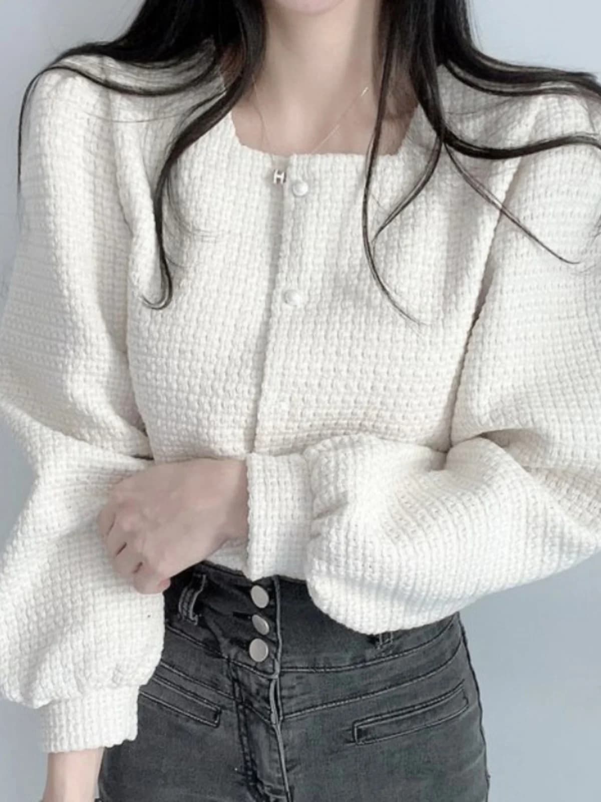 Stylish Women's Jacket with Square Collection and Smurf Sleeves, Cardigan Open Black, Fashion Spring
