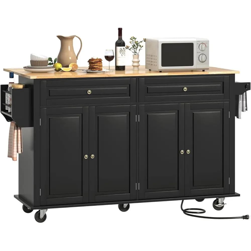 Isola da Cucina Regolabile 63 con Piano Ribaltabile, Carrello con Ruote e Vano Portaoggetti, Armadietto, 2 Cassetti, Porta Spezie, Portasciugamani e Presa di Corrente
