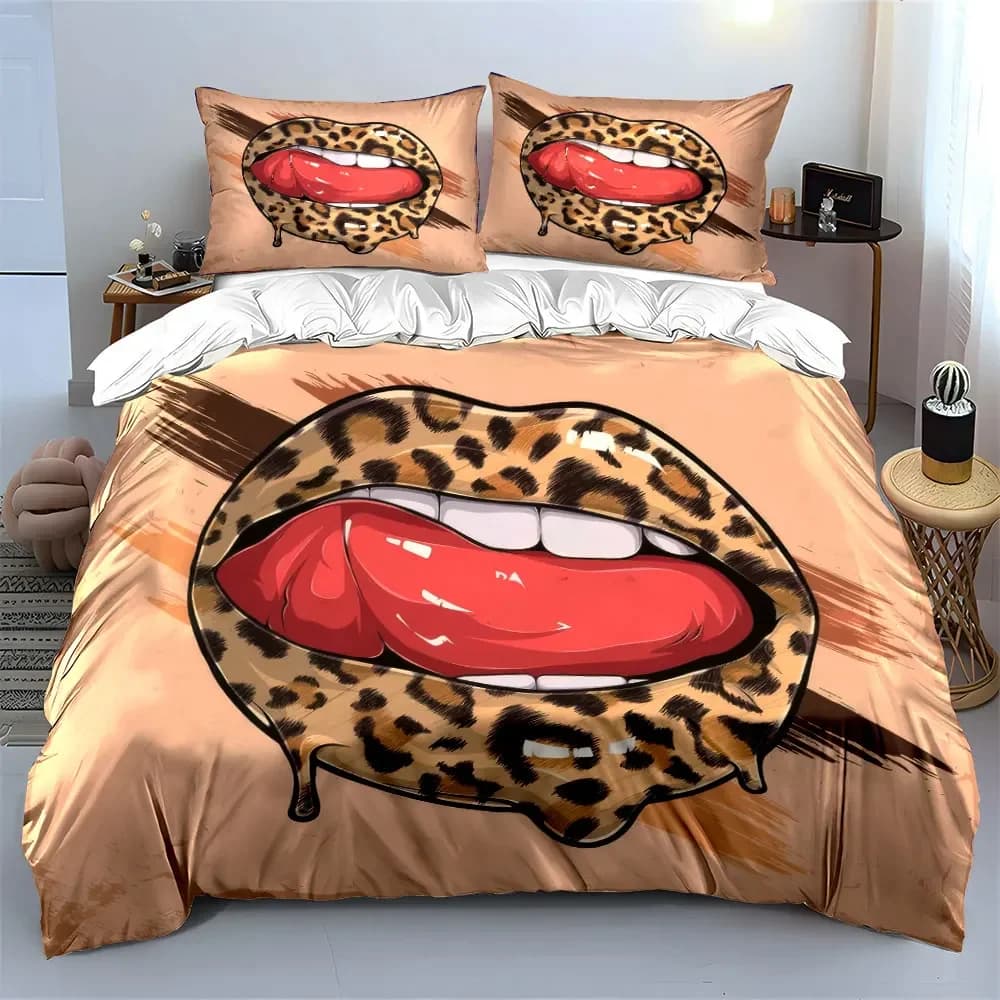 Set di biancheria da letto con stampa leopardata e decorazioni per labbra, con 1 copripiumino e 2 federe, singolo, matrimoniale, king, queen, idea regalo