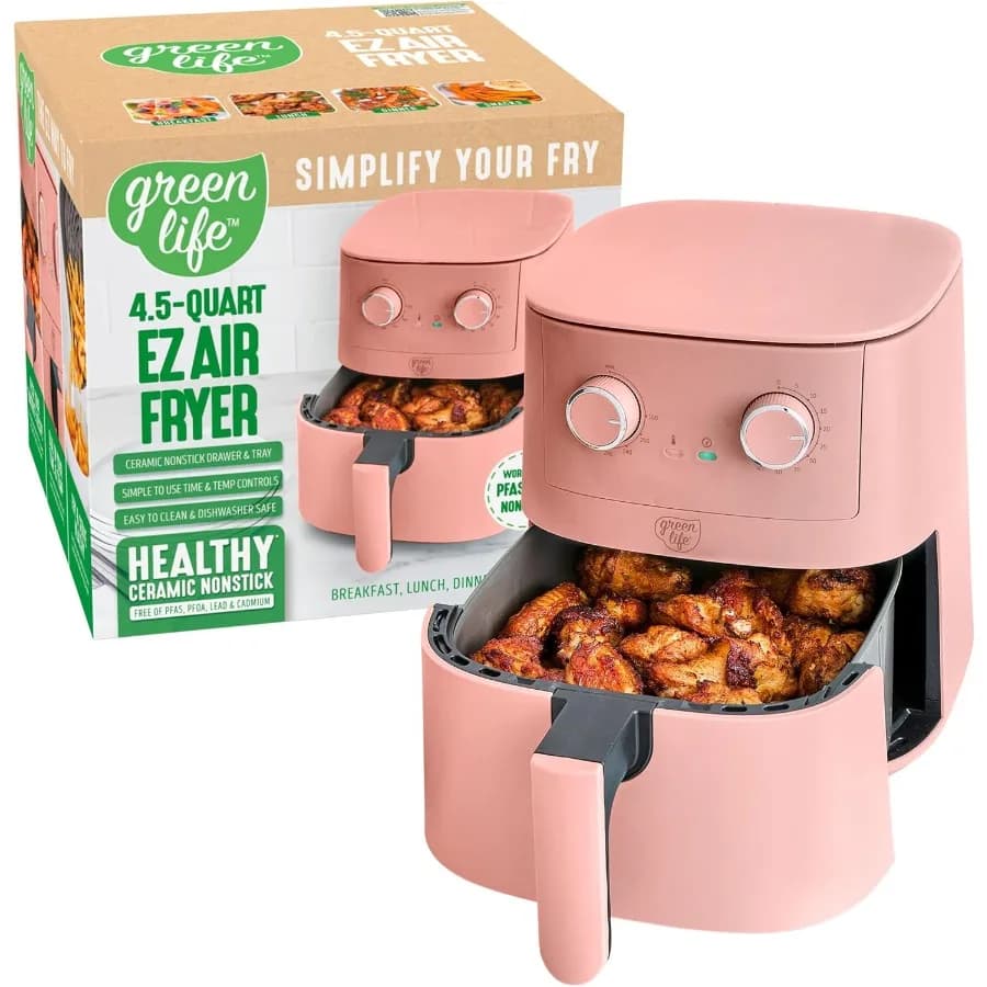 Friggitrice ad aria compatta da 4,5 QT di dimensioni familiari con controlli a quadrante meccanico per un facile utilizzo Cassetto antiaderente in ceramica senza PFAS per Saf