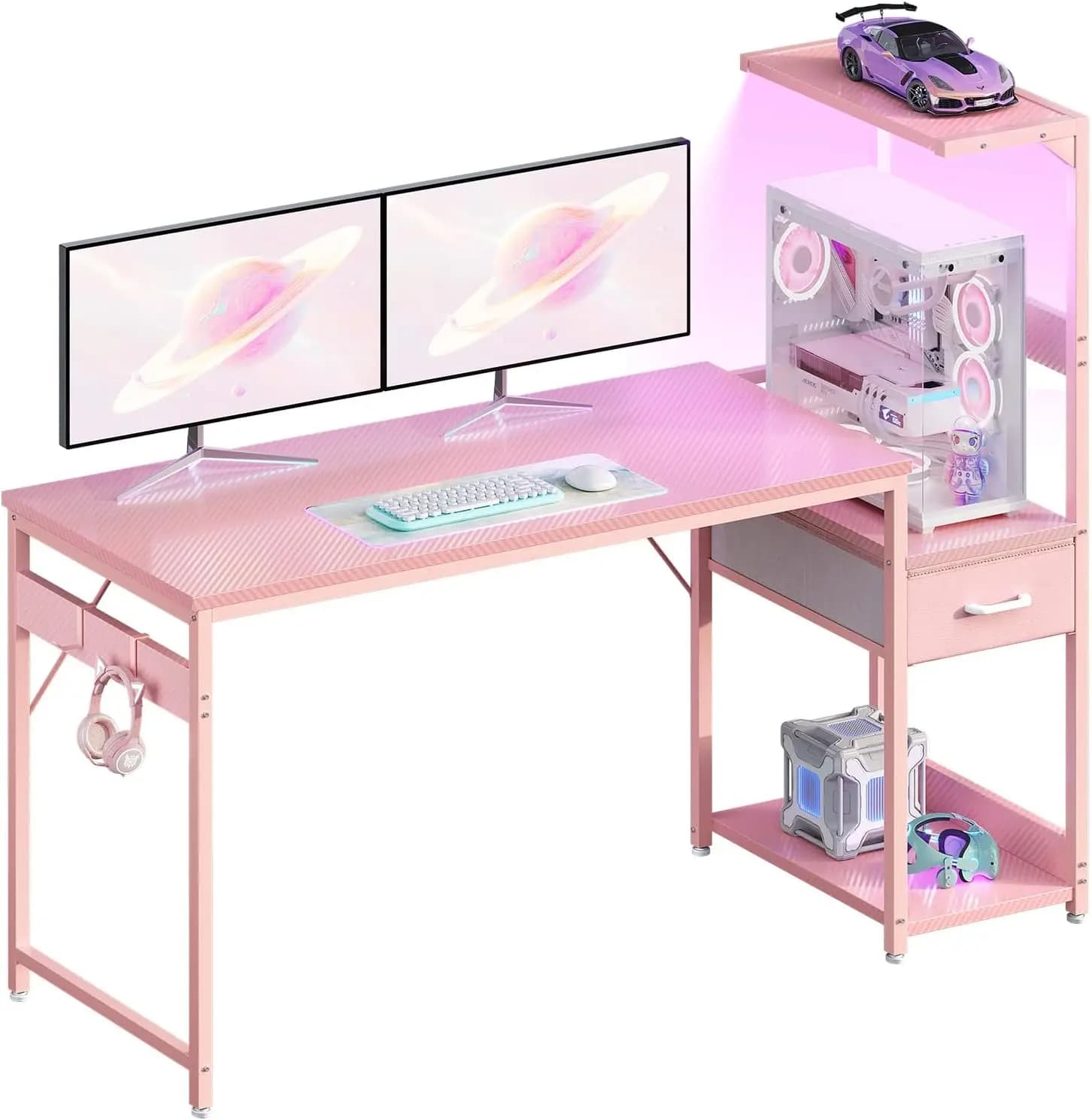 Scrivania da Gaming da 54 Pollici con Spazio di Archiviazione e Luci LED, Scrivania per Computer Reversibile con Ripiani per Monitor e Cassetto in Tessuto, Design Moderno