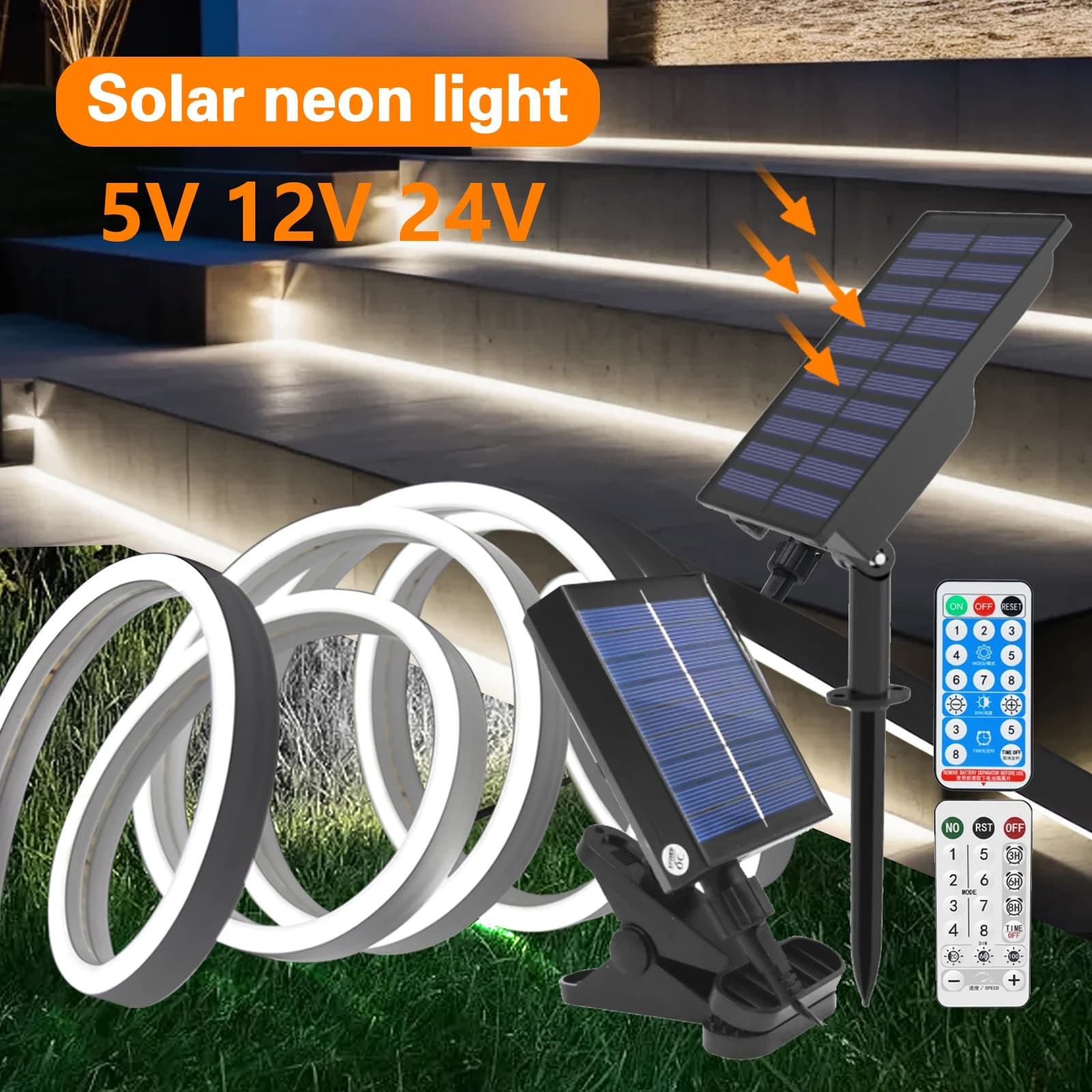Striscia solare a LED per esterni striscia al Neon flessibile impermeabile 5V 12V 24V bianco caldo bianco rosso verde blu luci solari da giardino a LED