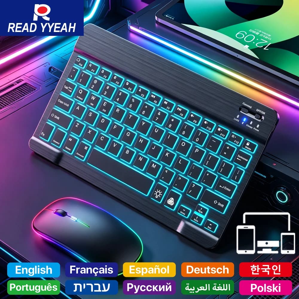 Combo Tastiera e Mouse Bluetooth YYEAH con Retroilluminazione RGB, Tastiera Wireless Ricaricabile Multilingue per Tablet, Laptop e PC Gaming