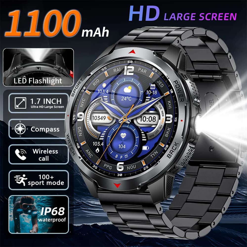 Smartwatch con torcia LED, bussola per esterni, chiamate BT, oltre 100 modalità sportive, fitness tracker, batteria da 1100 mAh ad alta capacità, assistente vocale.