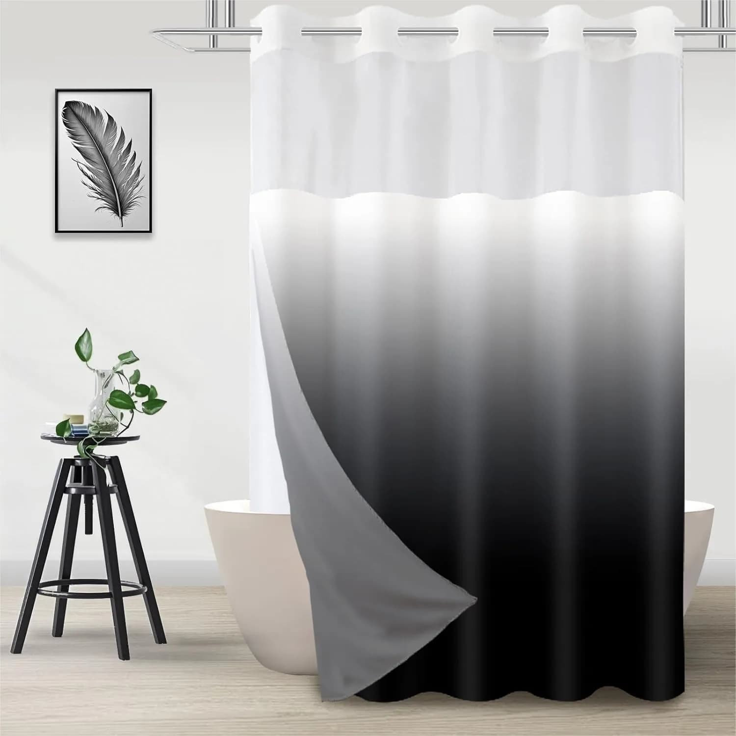 Tenda da Doccia Senza Ganci con Rivestimento a Incastro, Tenda da Bagno in Tessuto Ombre Bianco e Nero, Impermeabile e Lavabile 71x74